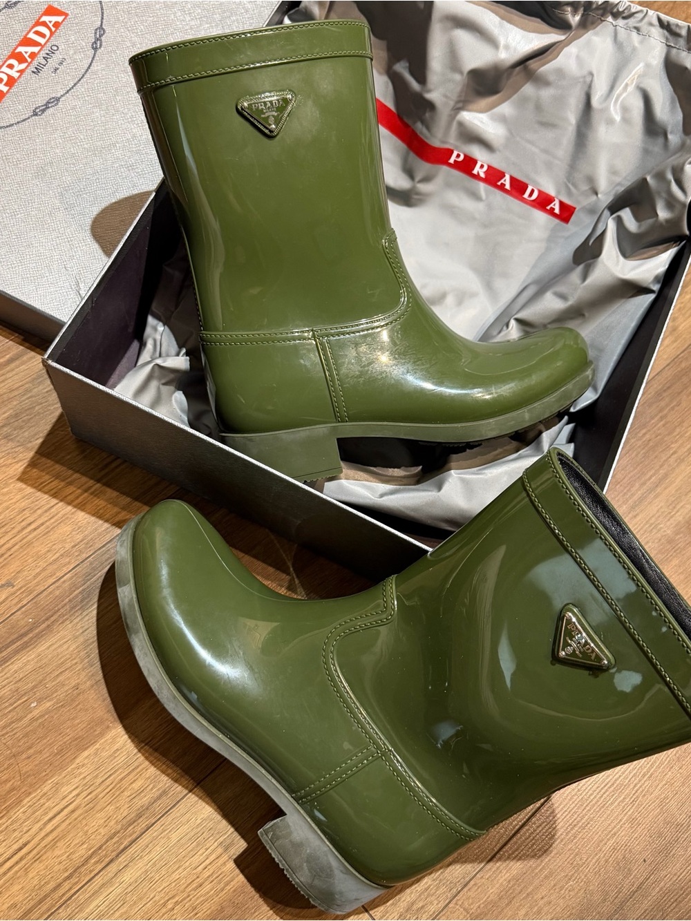 Vintage Prada Olive Green Glossy Rubber Mid-Calf Rain Boots